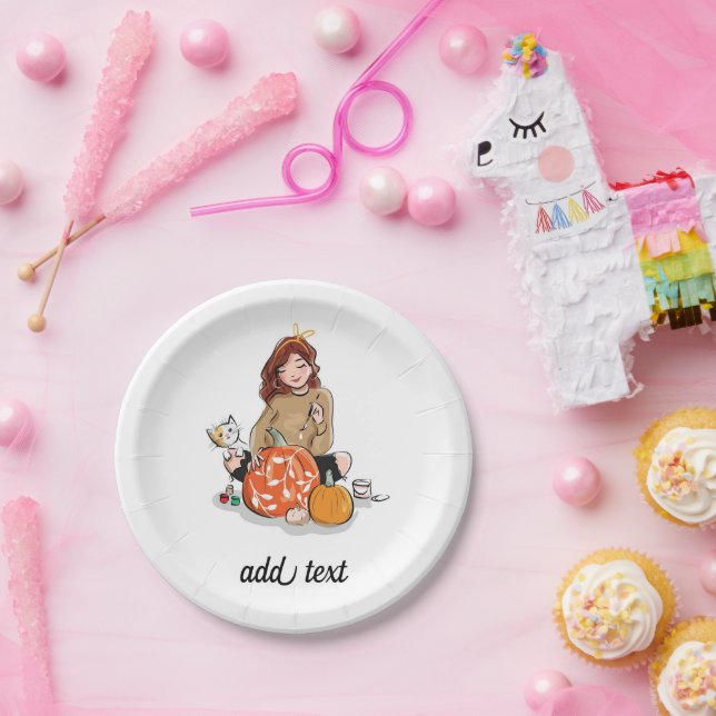 Beautiful Girl with Brown Hair Coloring Pumpkins Paper Plates (Party)