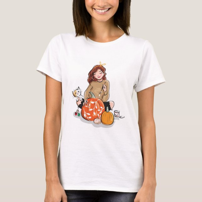 Beautiful Girl with Brown Hair Coloring Pumpkins T-Shirt (Front)