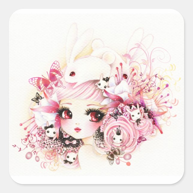 Beautiful girl with cute bunnies square sticker (Front)