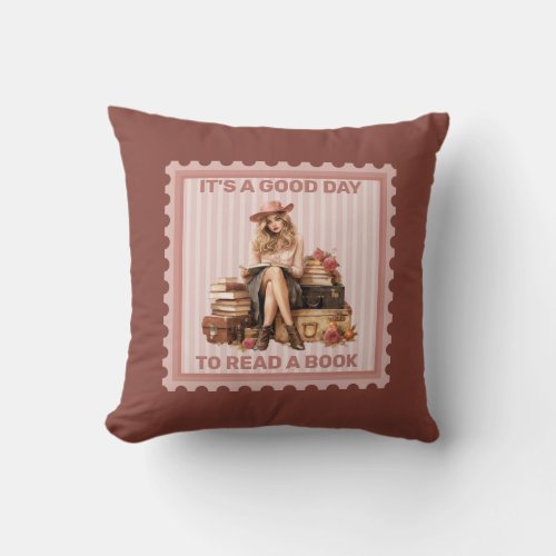 Beautiful  girl with dusty pink roses and books throw pillow