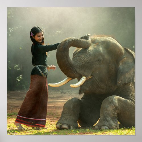 Beautiful Girl with her Elephant Photograph Poster