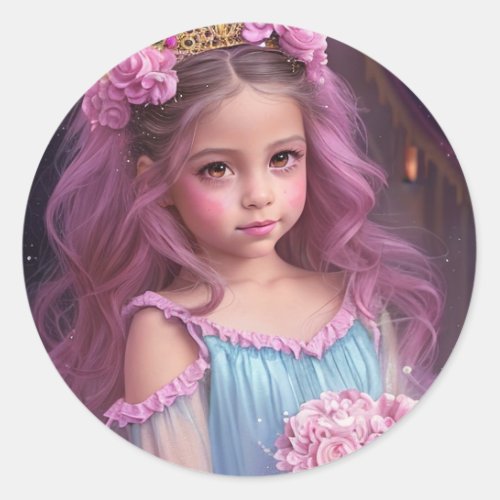 Beautiful Girl with Pink Flowers in her Hair Classic Round Sticker