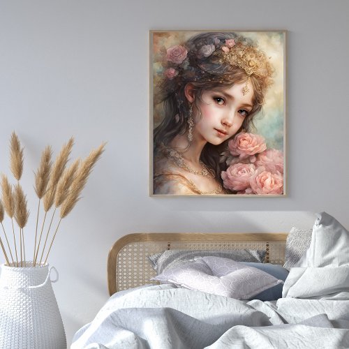 Beautiful Girl with Pink Roses  Poster