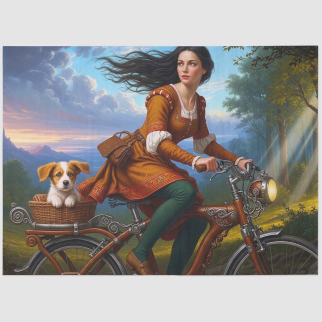Beautiful Girl With Puppy On Bicycle Decoupage Tissue Paper (Front)