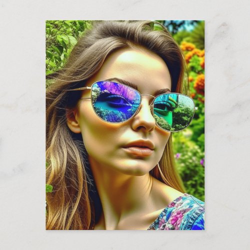 Beautiful Girl with Sunglasses Reflection Flowers Postcard