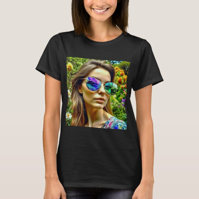 Beautiful Girl with Sunglasses Reflection Flowers T-Shirt (Front)