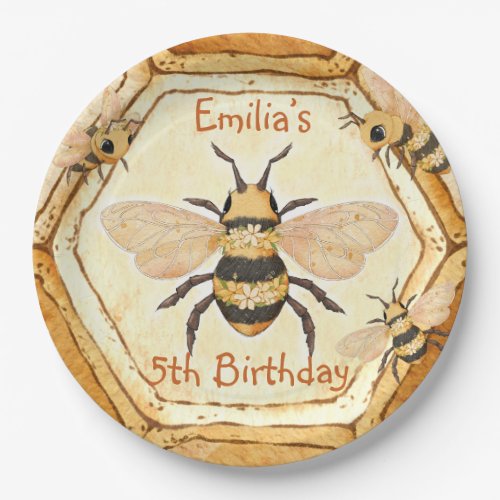 Beautiful Girly Bee Honeycomb 5th Birthday Party Paper Plates