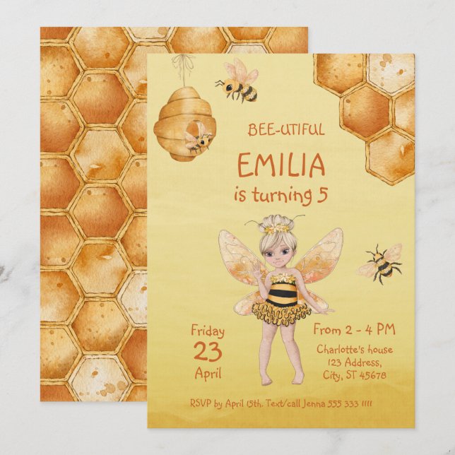 Beautiful Girly Honey Bee 5th Birthday Party Invitation (Front/Back)