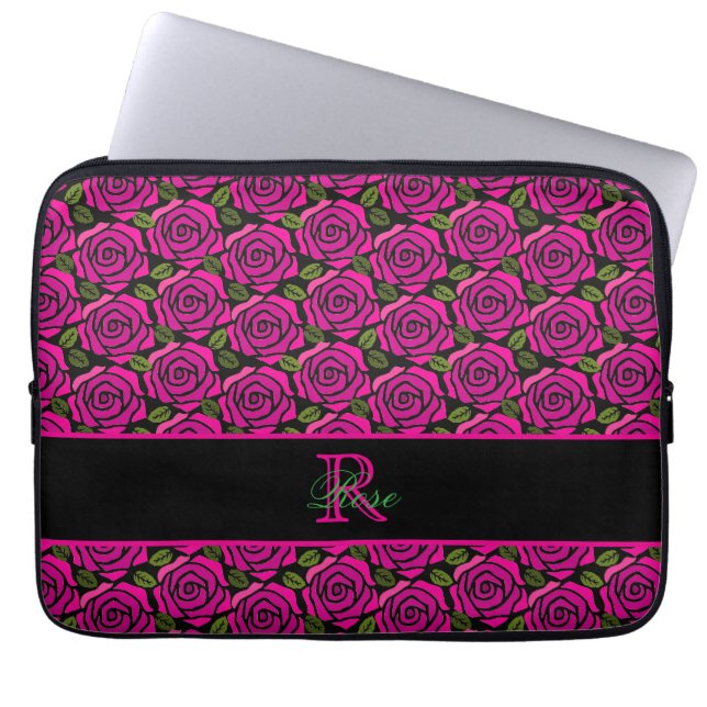Beautiful Girly Hot Pink Roses Name Monogram  Laptop Sleeve (Front)