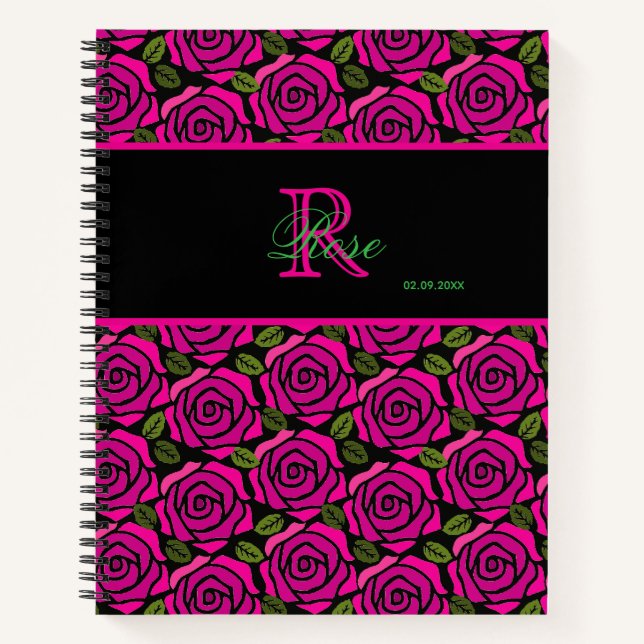 Beautiful Girly Hot Pink Roses Name Monogram  Notebook (Front)