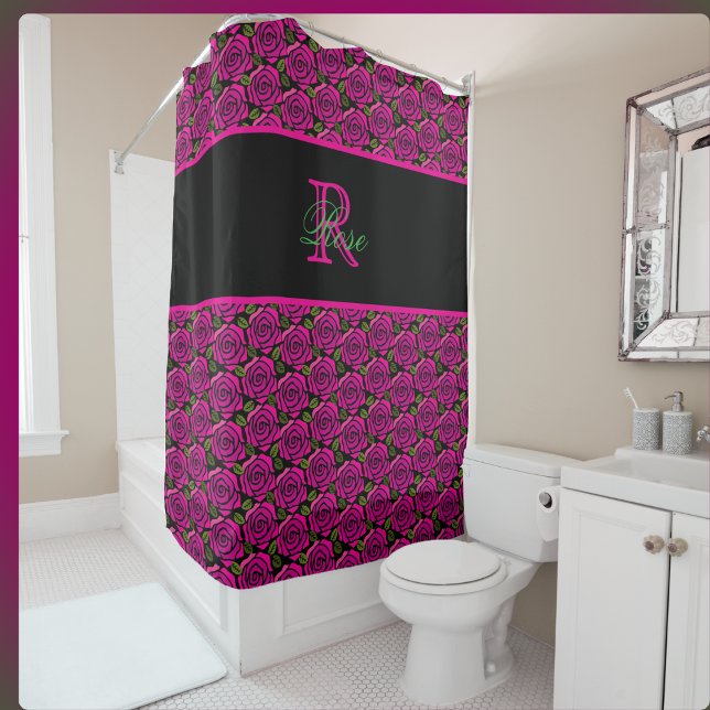 Beautiful Girly Hot Pink Roses Name Monogram  Shower Curtain (Creator Uploaded)