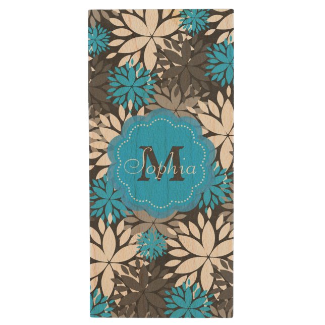 Beautiful girly trendy monogram floral pattern wood USB flash drive (Front Vertical)