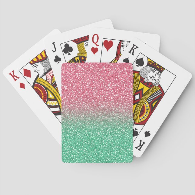 Beautiful girly trendypink green faux glitter poker cards (Back)