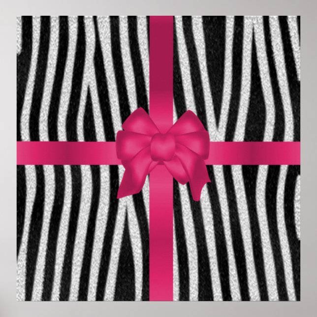 Beautiful girly zebra skin black white pink bow poster (Front)