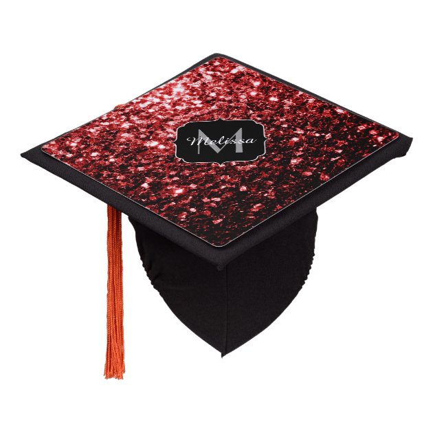 Beautiful Glamour Red Glitter Sparkles Monogram Graduation Cap Topper