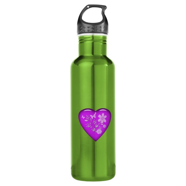 Beautiful Glass Floral Heart Stainless Steel Water Bottle (Front)