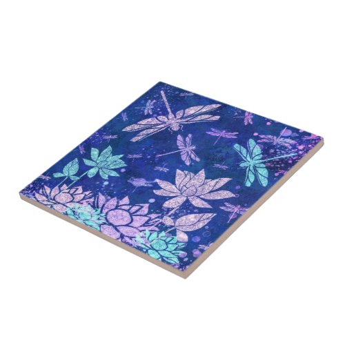 Beautiful Glitter Flowers Dragonflies Ceramic Tile