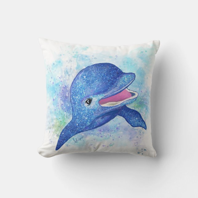 Beautiful Glittery Blue Dolphin Throw Pillow (Front)