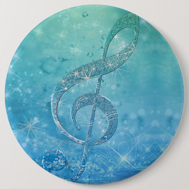 Beautiful Glittery Blue Music Note Treble Clef Button (Front)
