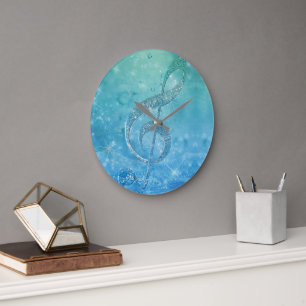 Beautiful Glittery Blue Music Note Treble Clef Large Clock