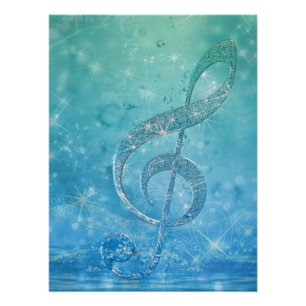 Beautiful Glittery Blue Music Note Treble Clef Poster