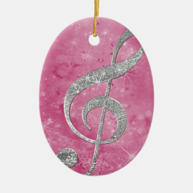 Beautiful glittery effect silver treble clef ceramic ornament (Front)