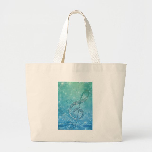 Beautiful glittery shining effect blue treble clef large tote bag (Front)