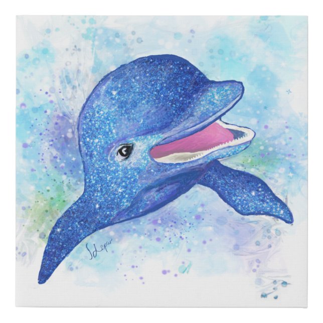 Beautiful Glittery Watercolor Dolphin Faux Canvas Print (Front)
