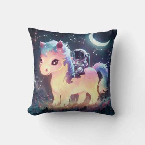 Beautiful Glowing Horse with Astronaut at Crescent Throw Pillow