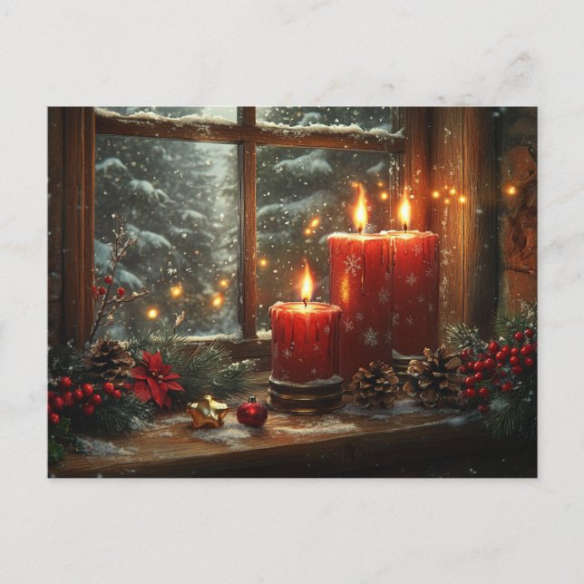 Beautiful Glowing Red Candles Pine Cones Berries Postcard (Front)