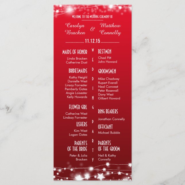 Beautiful Glowing Stars Red Wedding Program (Front)
