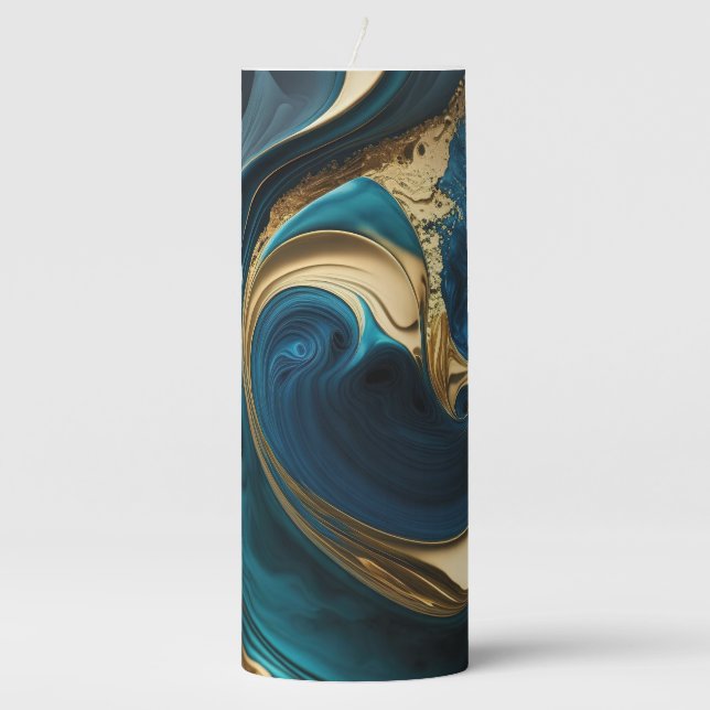 Beautiful Gold and Blue Marbled Pillar Candle (Front)