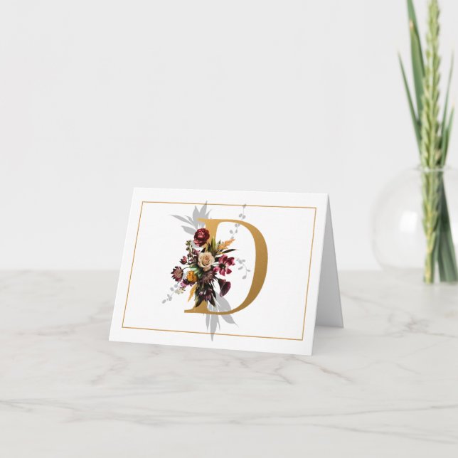 BEAUTIFUL GOLD AND FLORAL MONOGRAM D NOTE CARD (Front)