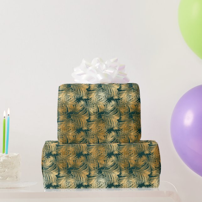 Beautiful Gold and Teal Tropical Leaves  Wrapping Paper (Party Gifts)