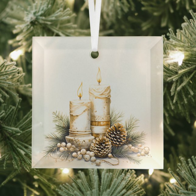 Beautiful Gold and White Christmas Candles Design  Glass Ornament (Insitu)