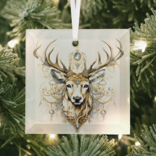 Beautiful Gold and White Christmas Deer Designs  Glass Ornament