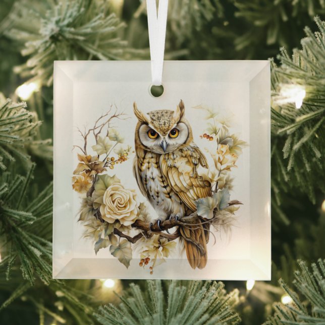 Beautiful Gold and White Christmas Owl Designs  Glass Ornament (Insitu)