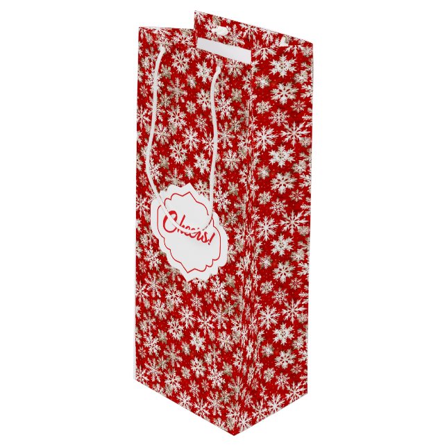Beautiful Gold and White Snowflakes Wine Gift Bag (Front Angled)