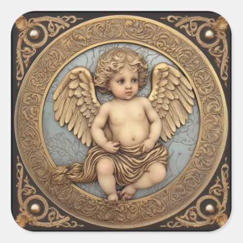 Beautiful Gold Angel Cherub Square Sticker