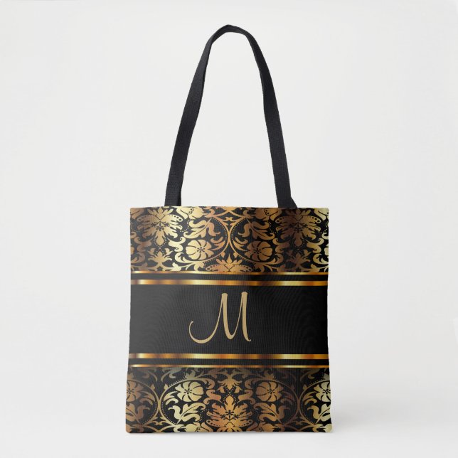 Beautiful Gold & Black Damask Design Tote Bag (Front)