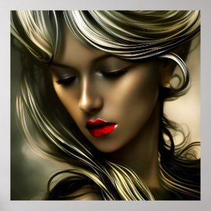 Beautiful gold blond women with red lips silver  poster
