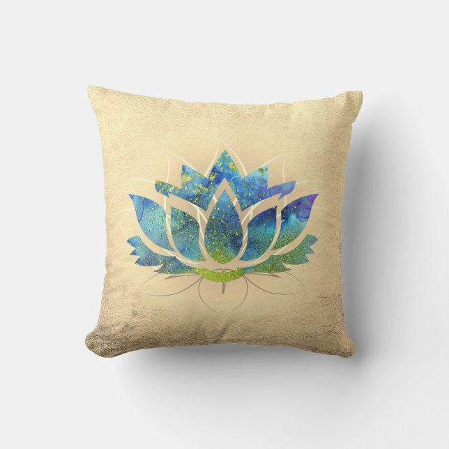 Beautiful Gold Blue Lotus , Zen  Throw Pillow (Front)