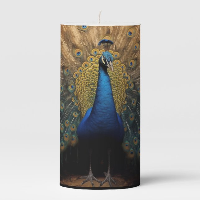 Beautiful gold blue peacock pillar candle (Front)