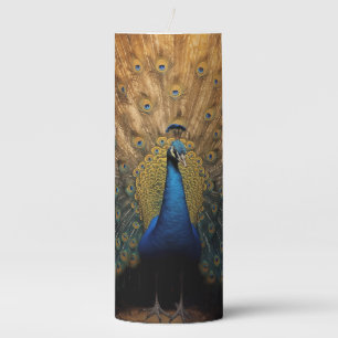 Beautiful gold blue peacock pillar candle