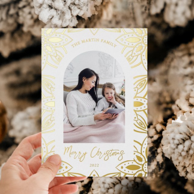 Beautiful Gold Botanical Frame Two Photo Christmas Foil Holiday Card (Creator Uploaded)