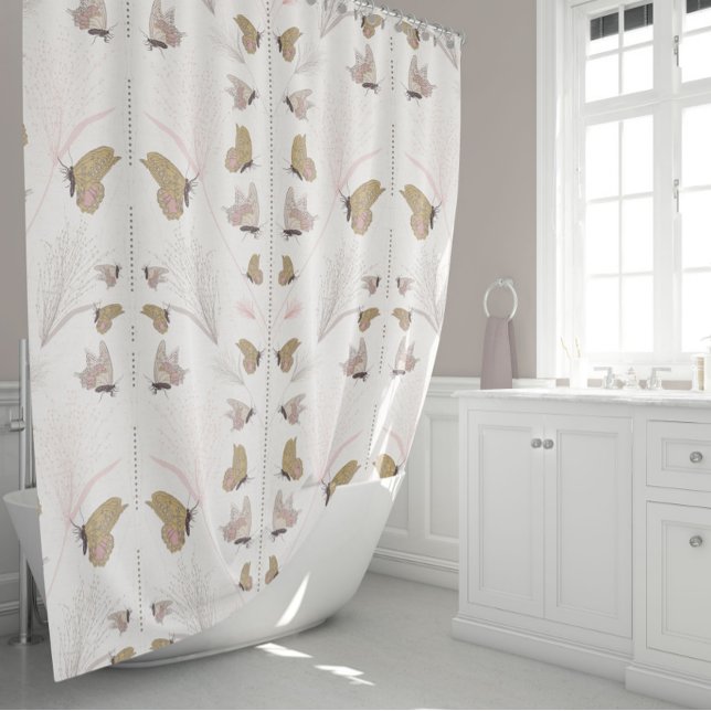 Beautiful Gold Butterflies Shower Curtain (Whimsical Butterflies Gold and Pink Shower Curtain from Jenn Steffen for Studio Posies.)