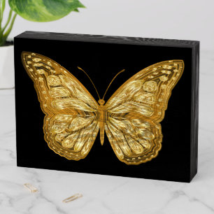 Beautiful Gold Butterfly on Black Background Wooden Box Sign