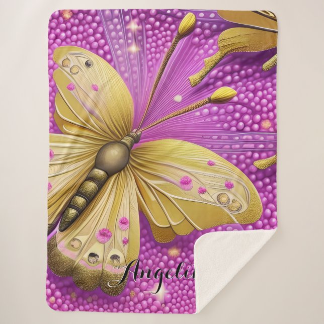 Beautiful Gold Butterfly Watercolor Personalized Sherpa Blanket (Front)