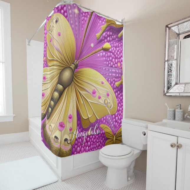 Beautiful Gold Butterfly Watercolor Personalized Shower Curtain (In Situ)