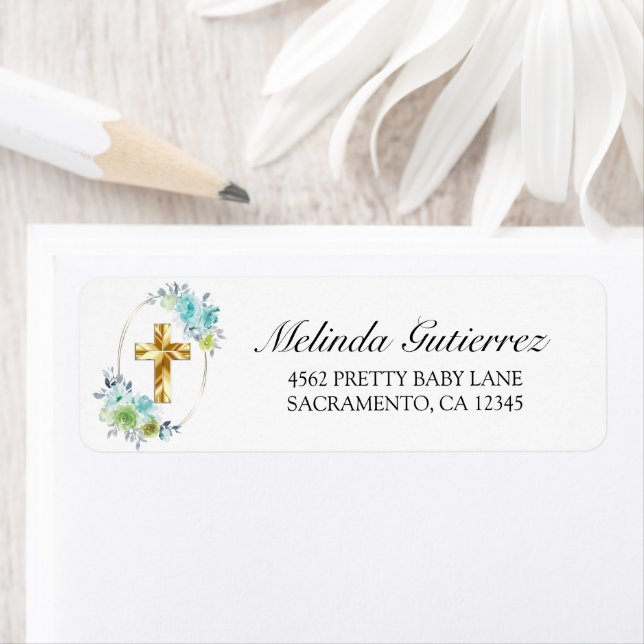 Beautiful Gold Cross Blue Floral Baby Boy Baptism Label (Insitu)